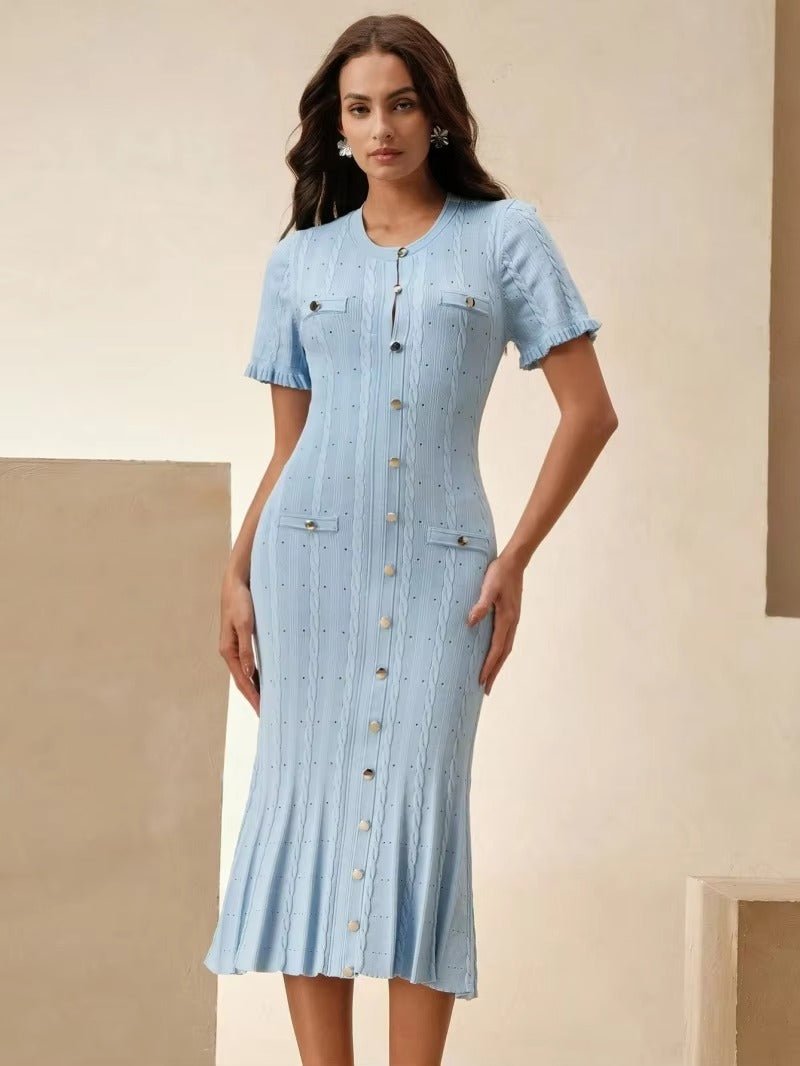 SOERA Erlinda Button - Front Knit Midi Dress - Dress - Blue S