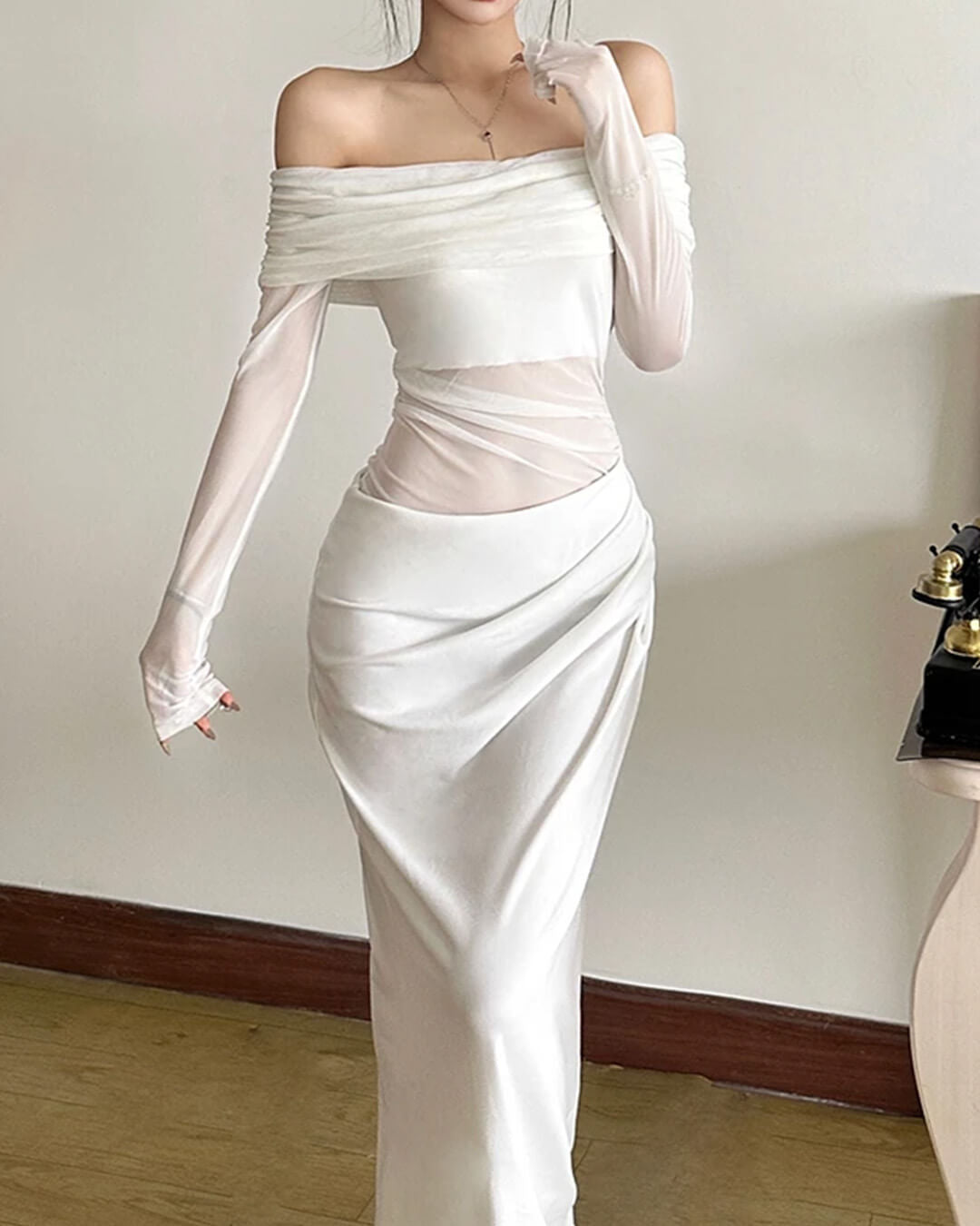 SOERA Shiela Ruched Mesh Maxi Dress - Dress - White M