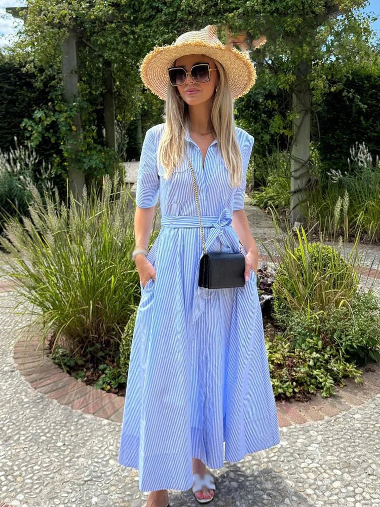 SOERA Stacie Bow Tie - Waist Shirt Dress - Dress - Blue Stripes XS