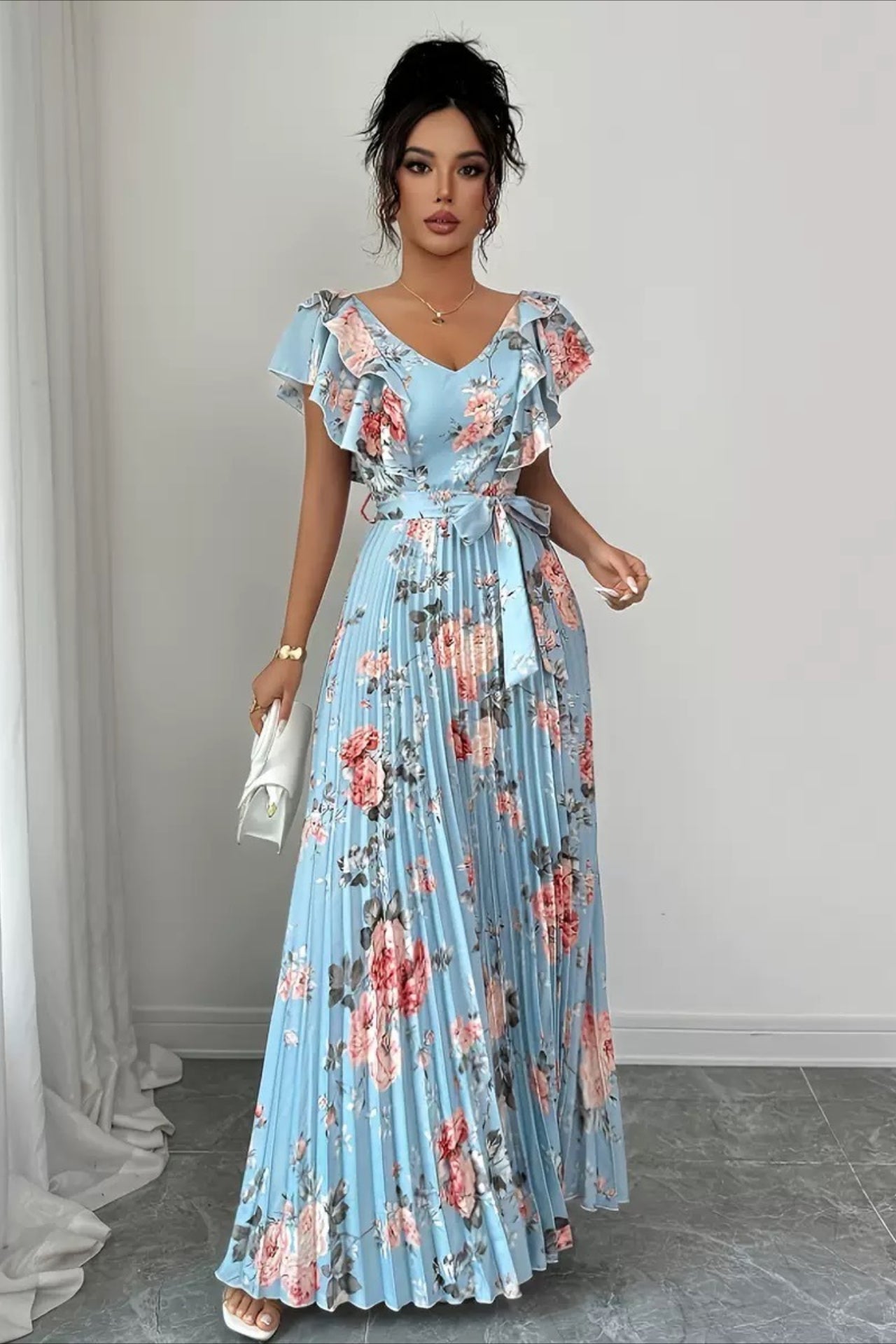 SOERA Valentina Floral V - Neck Ruffle Sleeve Maxi Dress - Dress - Blue XS