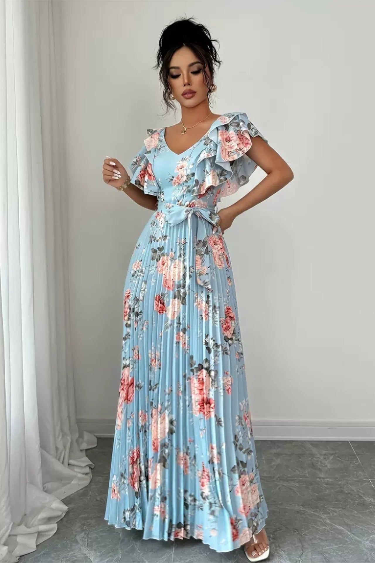 SOERA Valentina Floral V - Neck Ruffle Sleeve Maxi Dress - Dress - Blue XS