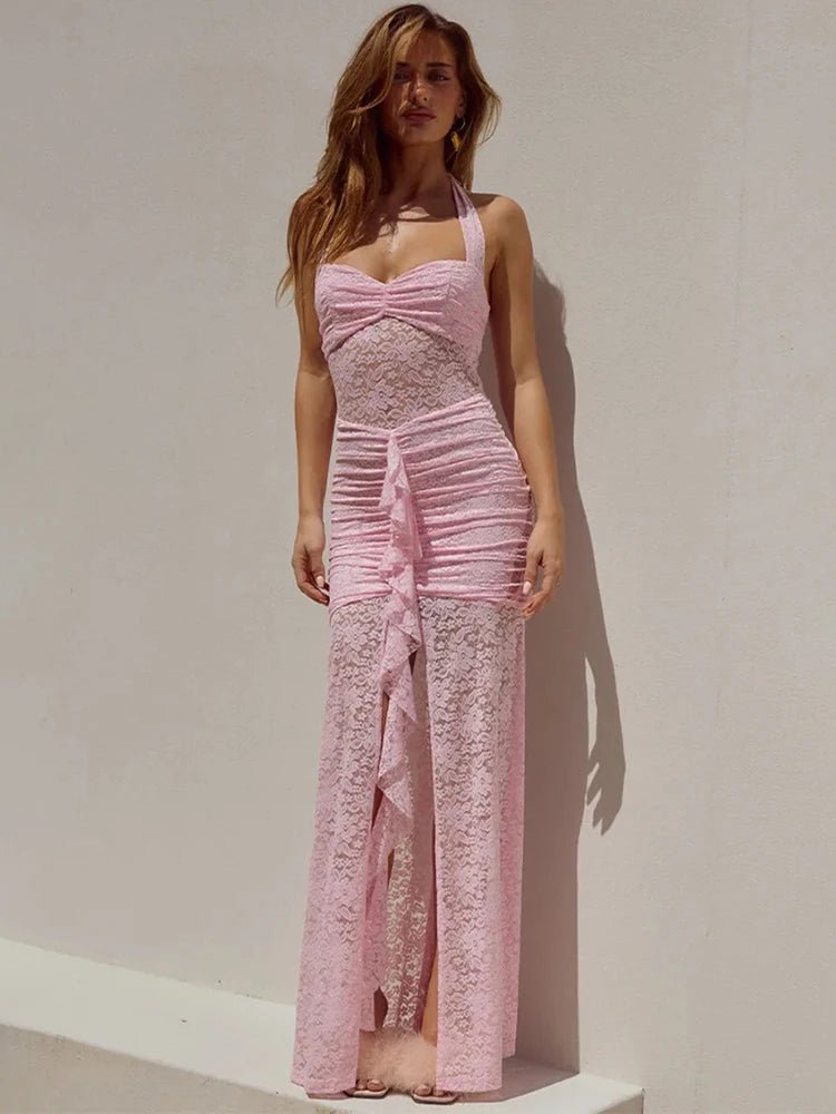 SOERA Selene Lace Draped Halter Maxi Dress - Dresses - Pink S