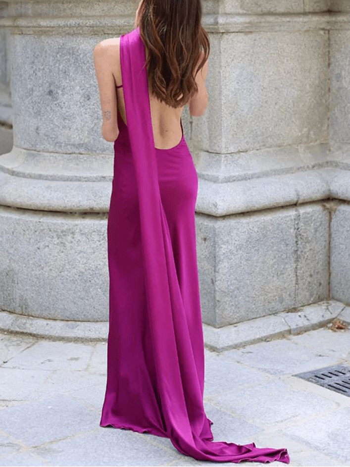 SOERA Suri Satin Halter Neck Cape Dress - Dresses - Purple S