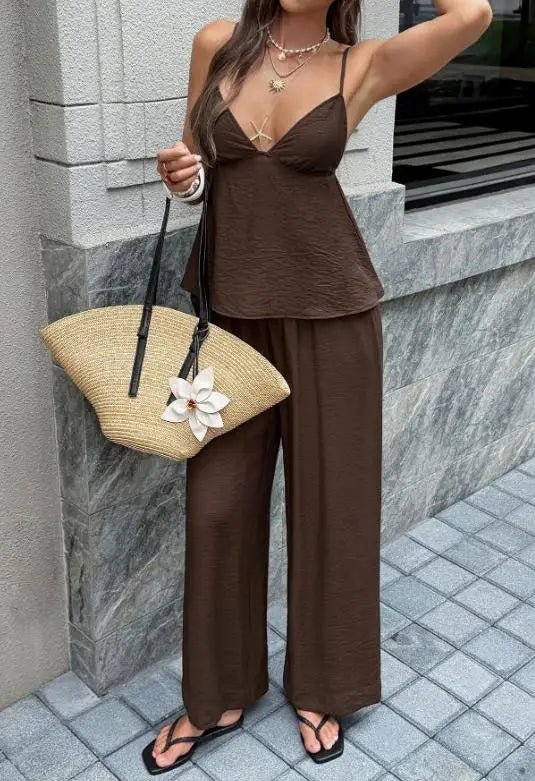 SOERA Odette Deep V - Neck Cami Wide Leg Pants Set - Jumpsuit - Brown S