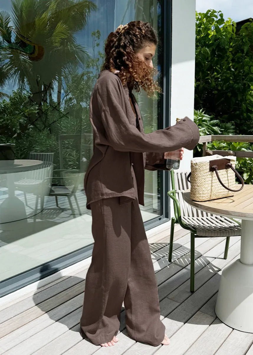 SOERA Sophia Cotton Shirt & Lounge Pants Set - Matching Sets - Brown M