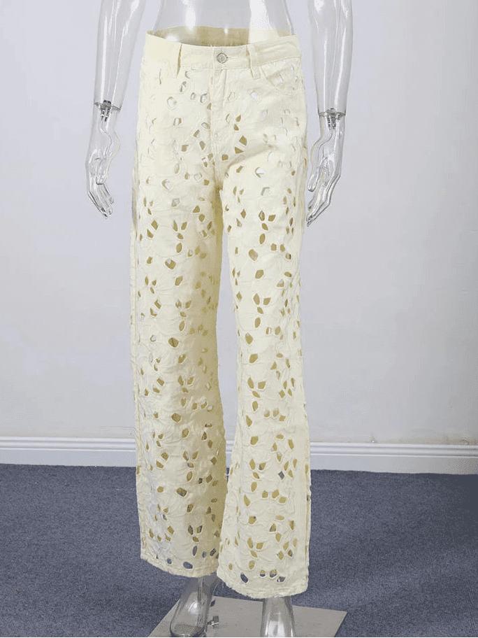 SOERA Anais Hollow-Out Denim High Waist Straight Jeans - Pants - Beige S