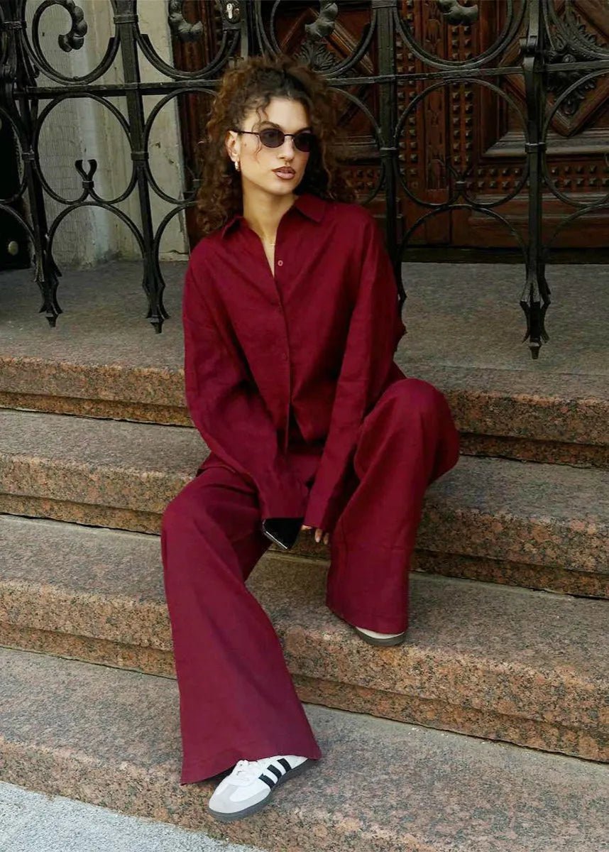 SOERA Bianca Relaxed Cotton Shirt & Wide-Leg Pants Set - Pants - Burgundy L