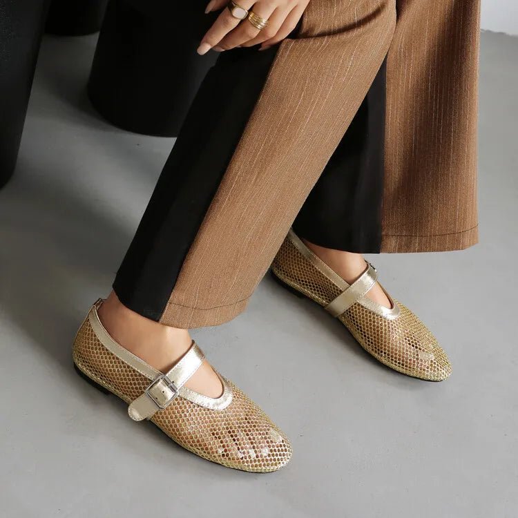 SOERA Bianca Buckled Mesh Ballet Flats - Shoes - Gold 35