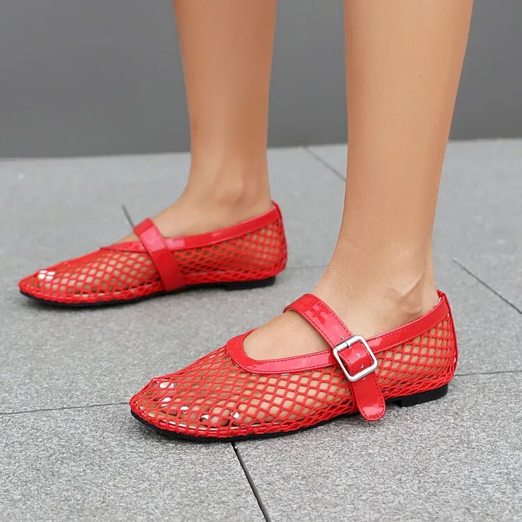 SOERA Bianca Buckled Mesh Ballet Flats - Shoes - Red 35