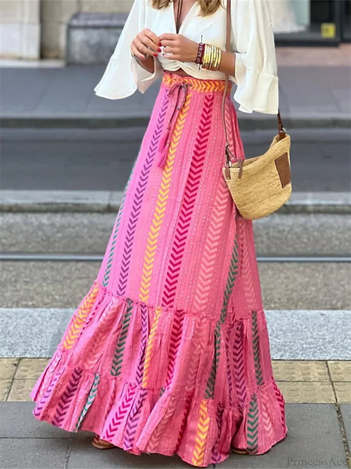 SOERA Celeste Flowy Boho Print Ruffled Hem Skirt - Skirt - Pink S