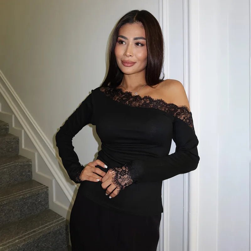 SOERA Lizzy Slant Shoulder Lace Long Sleeve Top - Tops - 1005010537984288-;rG1768904312226306005 Black S