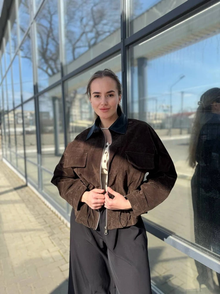 SOERA Sharmaine Slim Fit Faux Suede Jacket in Dark Brown