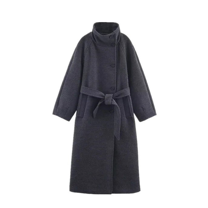 SOERA Ariana High Collar Long Belted Coat - KX1762345864131933458 Gray XS