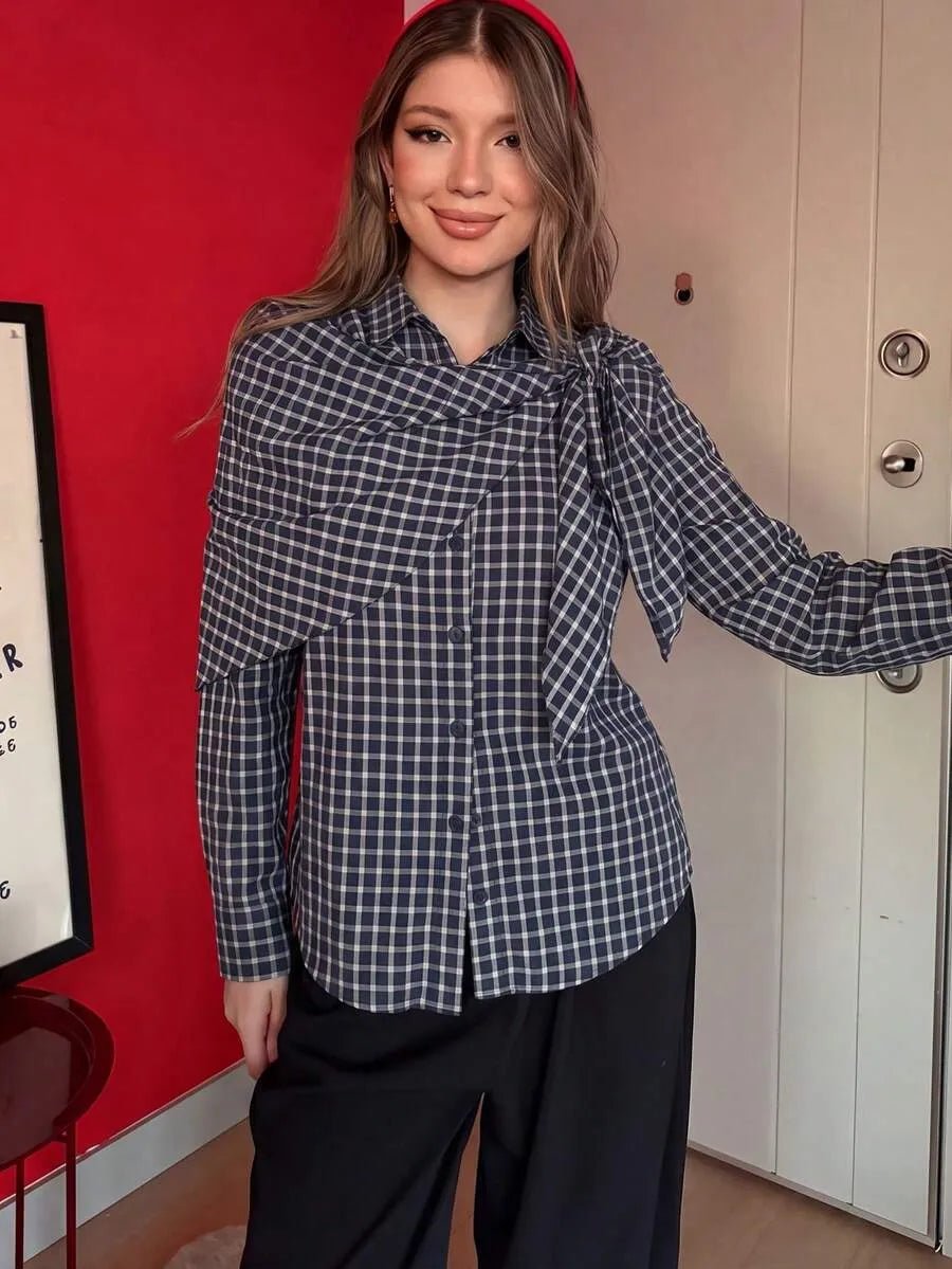 SOERA Lena Plaid Scarf-Tie Shirt - Blouse - SOERA-660931-L-NAVY-08451 Navy L