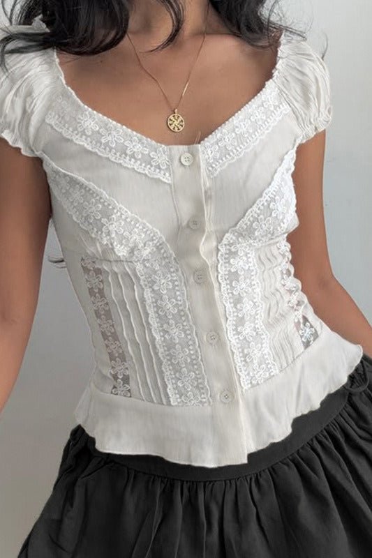 SOERA Gelyn Button Front Puff Lace Blouse - Blouses - jO1776026011576151317 L
