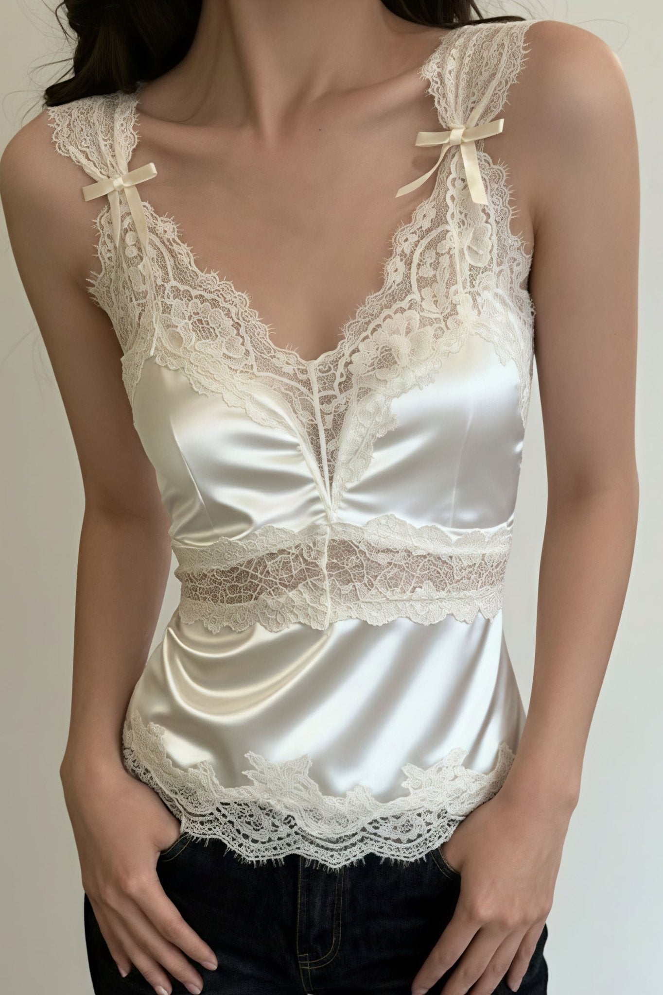 SOERA Julianne V Neck Sleeveless Satin Lace Blouse - Blouses - kf1776026011575807079 M