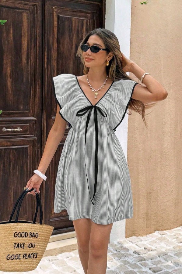 SOERA Beatrice Striped V - Neck Ruffle Mini Dress - Dress -  Black S