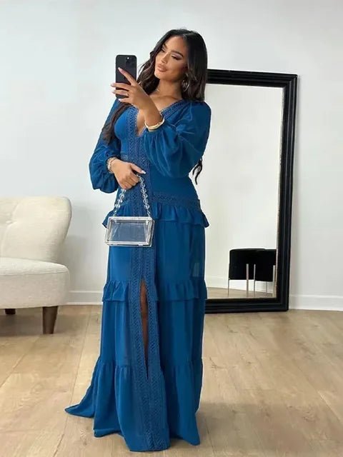 SOERA Molly Deep V - Neck Ruffle Maxi Dress - Dress -  Navy Blue L