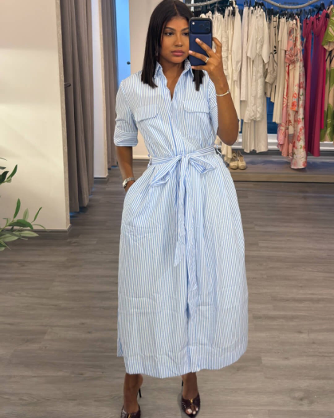 SOERA Katniss Striped Lace - Up Collar Maxi Dress - Dresses -  Blue L