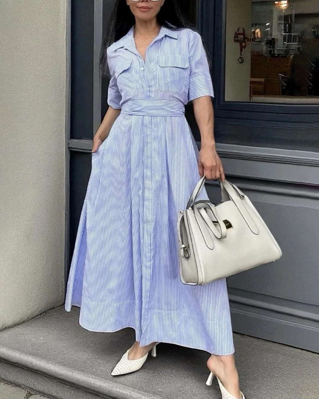 SOERA Katniss Striped Lace - Up Collar Maxi Dress - Dresses -  Blue S
