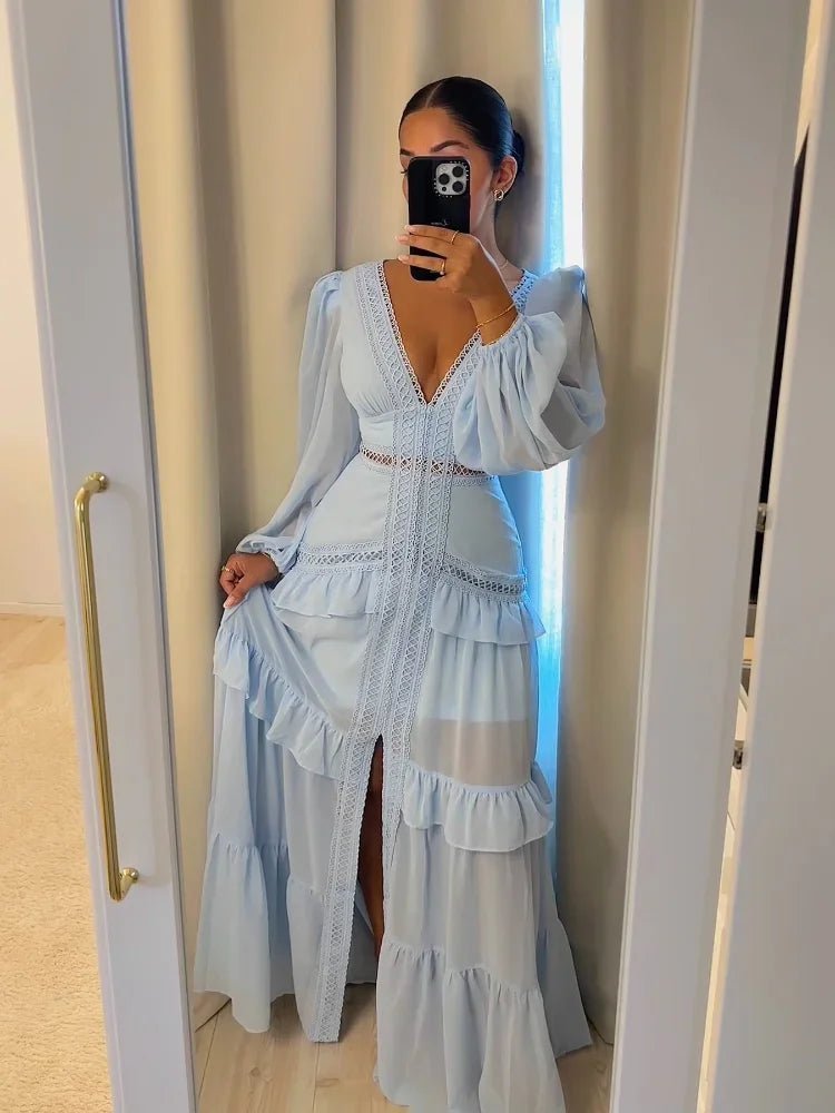 SOERA Molly Deep V-Neck Ruffle Maxi Dress - Dresses -  Light Blue S