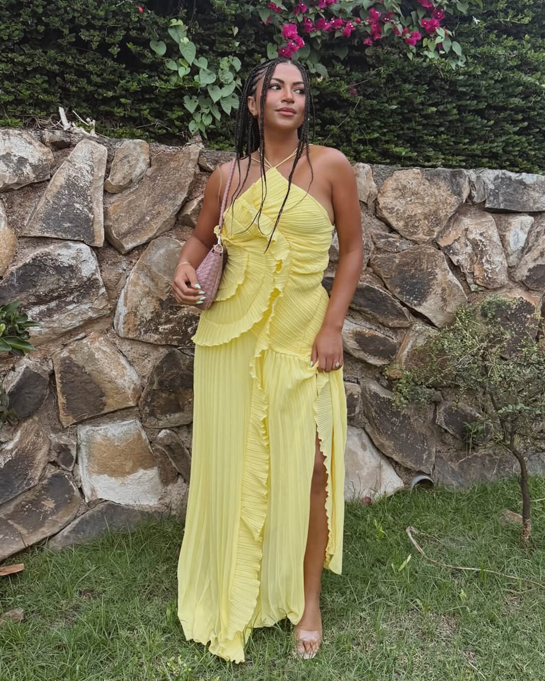 SOERA Ruffa Halter Strap Ruffled Tule Dress - Dresses - 1005009034201148-;lM1764062902538422653 Yellow XS