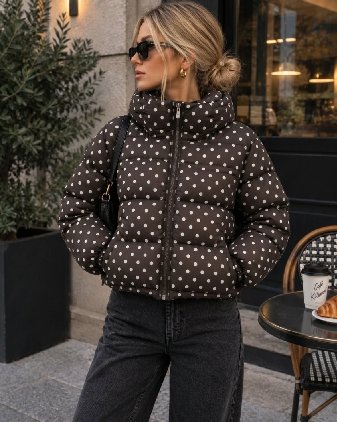 SOERA Emma Polka Dot Cropped Puffer Jacket - Jacket - SOERA-387907-BRO-S-86403 S