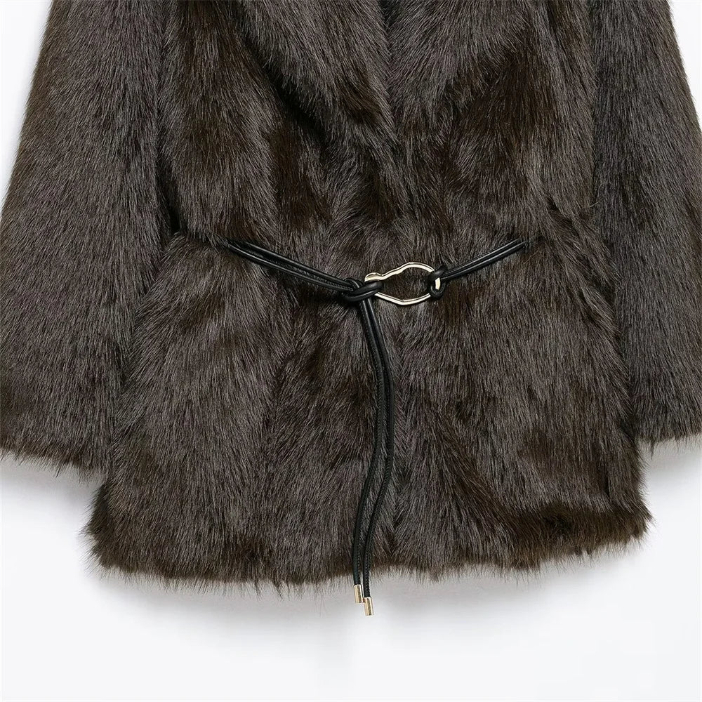 SOERA Faith Faux Fur Coat with Belt - Jackets - 3256807954805802-;hY1763625122209170948 Dark Brown S