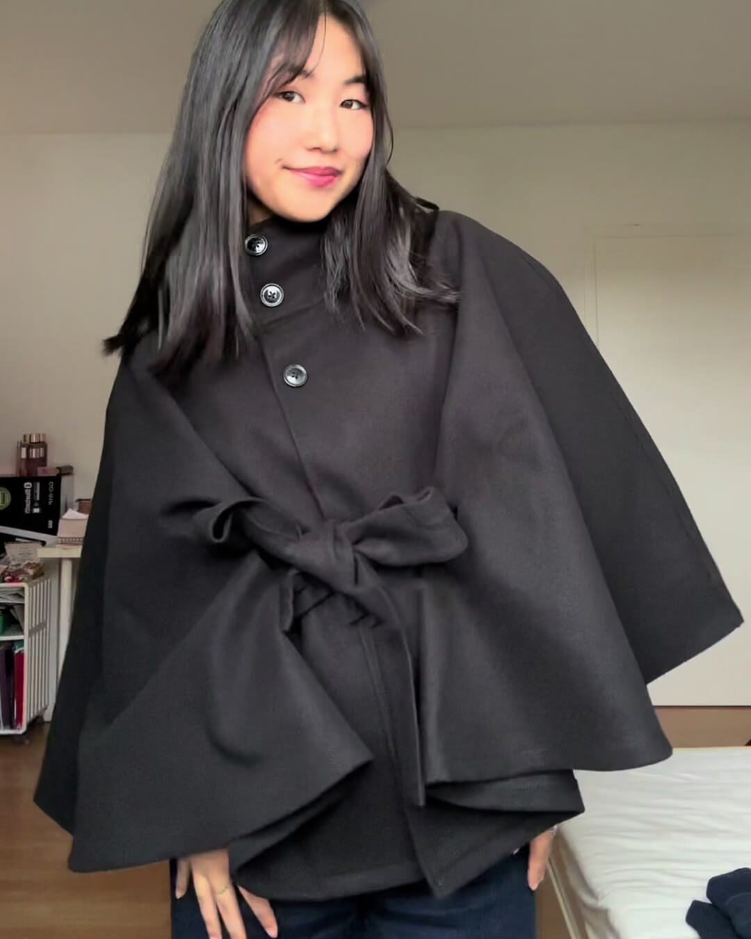 SOERA Gianna Elegant High - Neck Belted Cape Jacket - Jackets - UL1760544073334214934 Black M