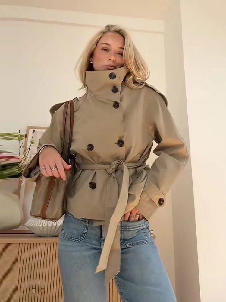 SOERA Kara Stand Collar Belted Crop Trenchcoat - Jackets - 1005009693239722-;SM1771494648620968832 Tan XS