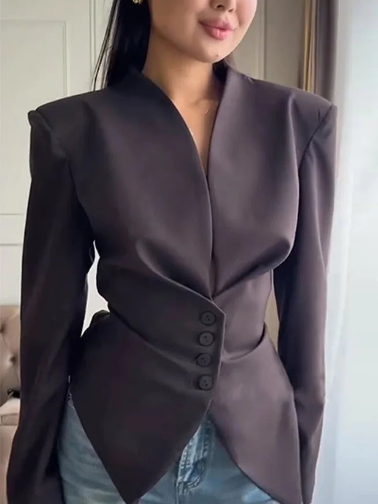 SOERA Tricia Structured Shoulder Cinched Blazer - Jackets - 1005011660132024-;qf1772045930022570680 Brown S