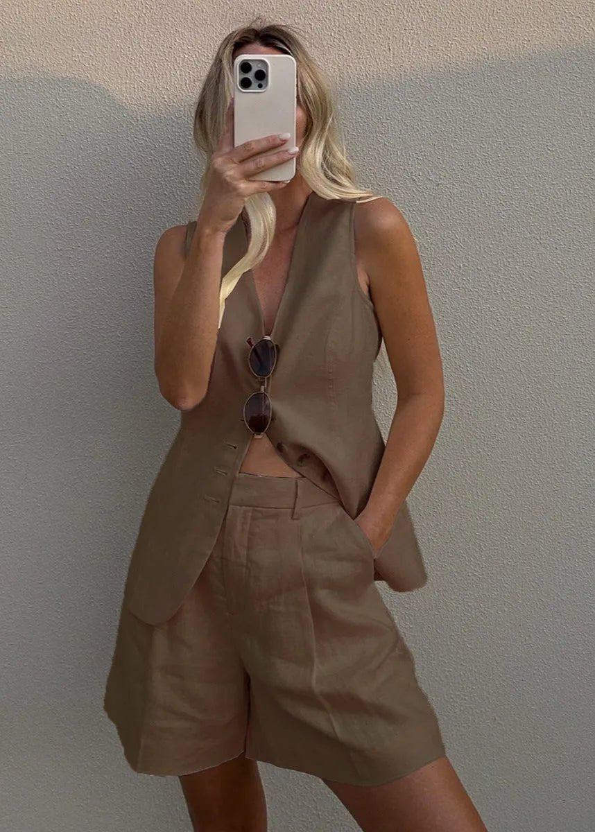 SOERA Bianca Tailored Vest and Shorts Set - Jumpsuit -  Brown S