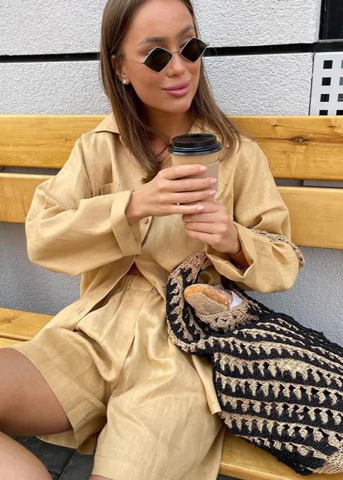 SOERA Sophia Linen Button - Down Shirt & High - Waist Shorts Set - Matching Sets -  Brown S