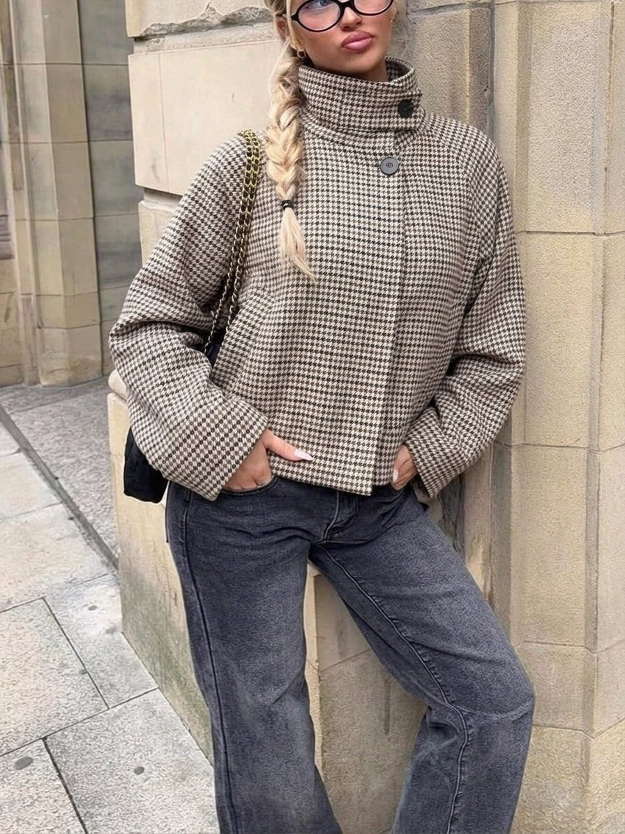 Amelia korkeakauluksinen houndstooth-kuvioitu lyhyt jakku