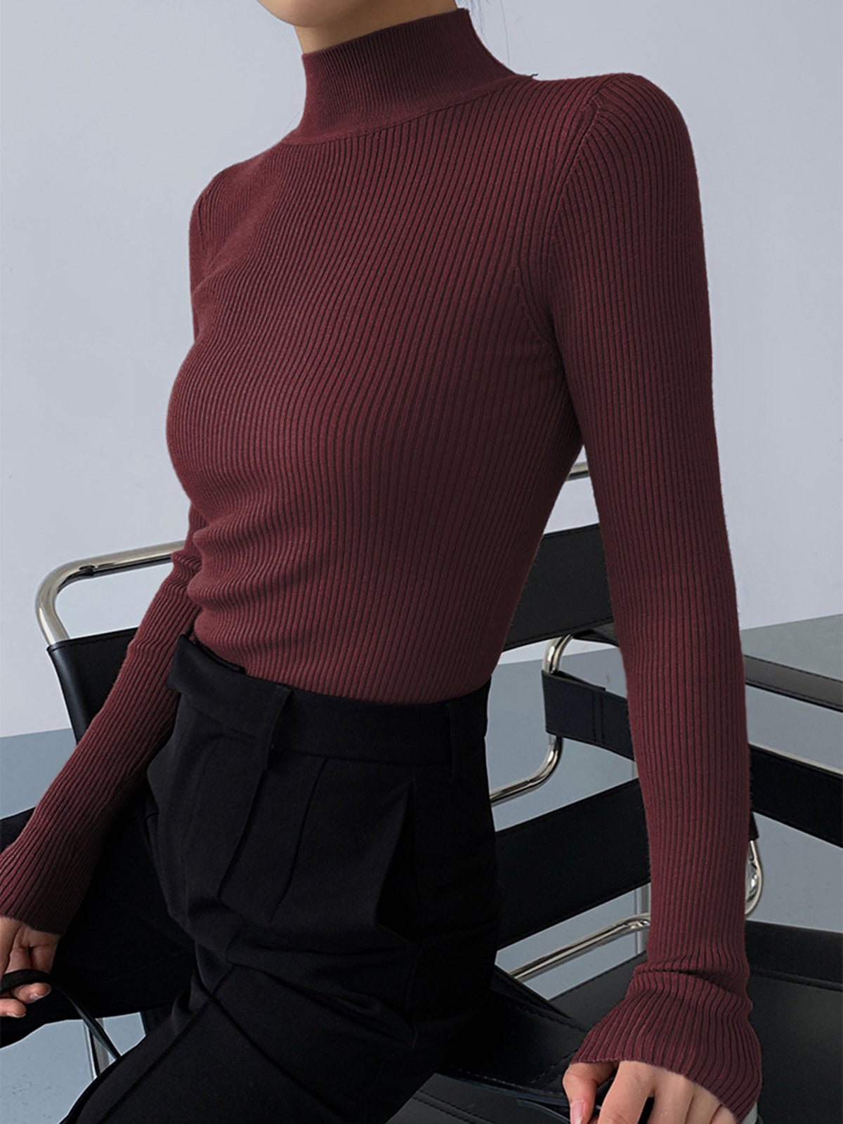 SOERA Jessa Rib Knit Long Sleeve Shirt - Tops - yb1763304746554035010 Burgundy XS
