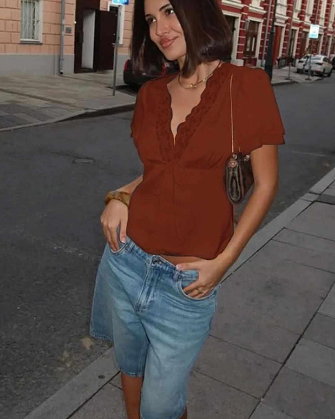 SOERA Rosette Lace Short Sleeve V-Neck Top - Tops - 1005009525072997-;oF1769414230041963701 Brown S