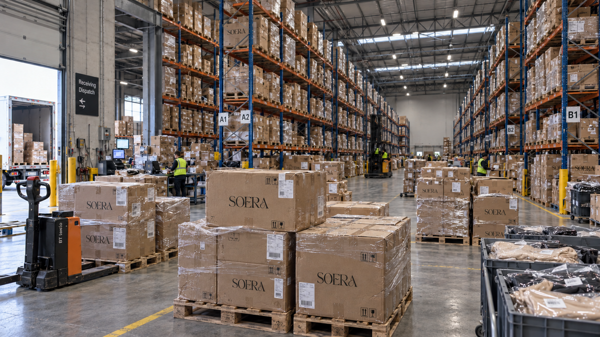 AI-generated SOERA warehouse concept with long aisles, tall densely stocked pallet racks and large quantities of SOERA-branded inventory cartons